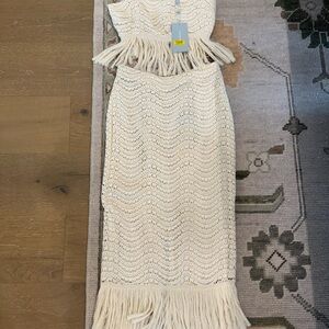 ANTONIO MELANI Cream Crochet Fringe Midi Dress